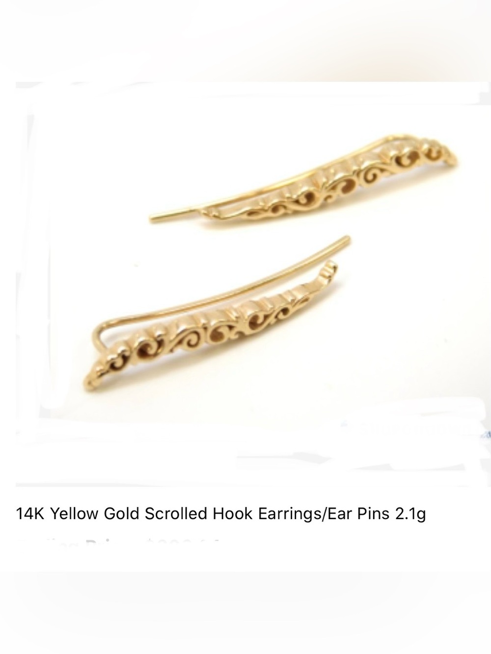 14K Yellow Gold Scrolled Hook Earrings/Ear Pins 2.1g EC